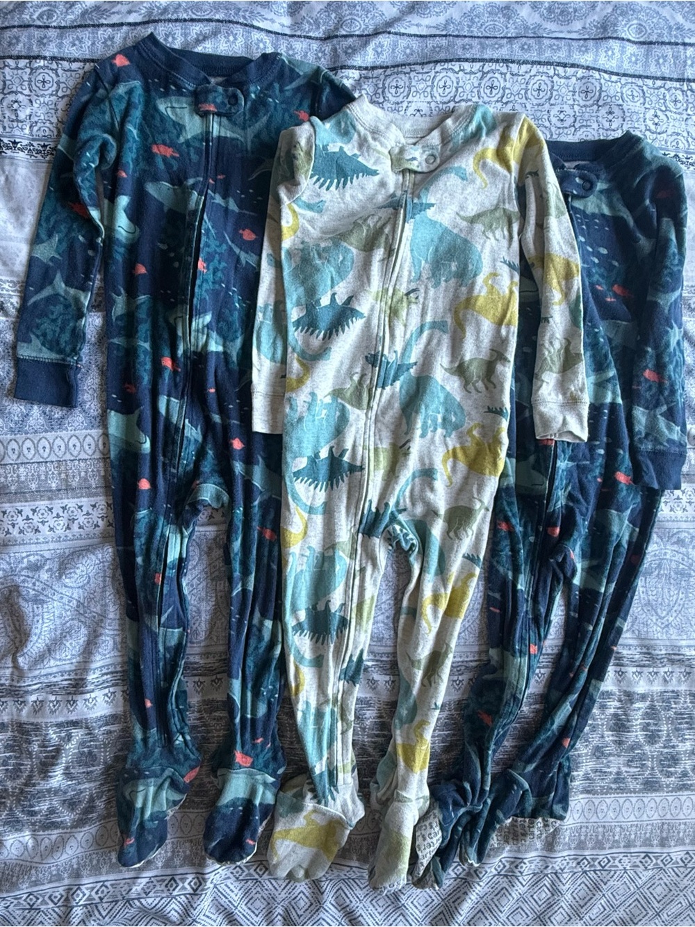 Kids Dinosaur Footed Pajamas - Blue & Cream